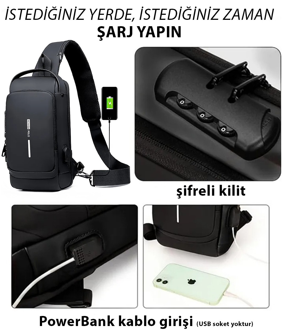Newish Erkek Siyah Usb Çıkışlı Çapraz Askılı Suni Deri Çanta Ergonomik Tasarım ve Şık Görünüm new222 görsel 3