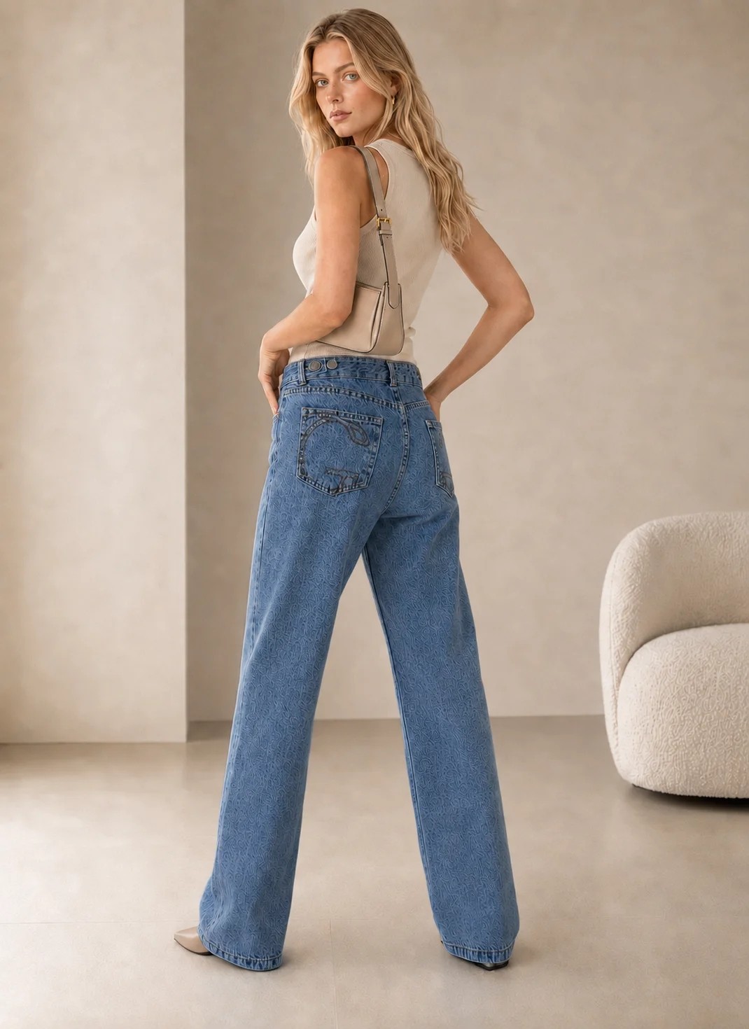 Shevega Kadın Mavi Bol Paça Arka Cep Nakışlı Palazzo Denim Salaş Jeans Kot Pantolon görsel 3
