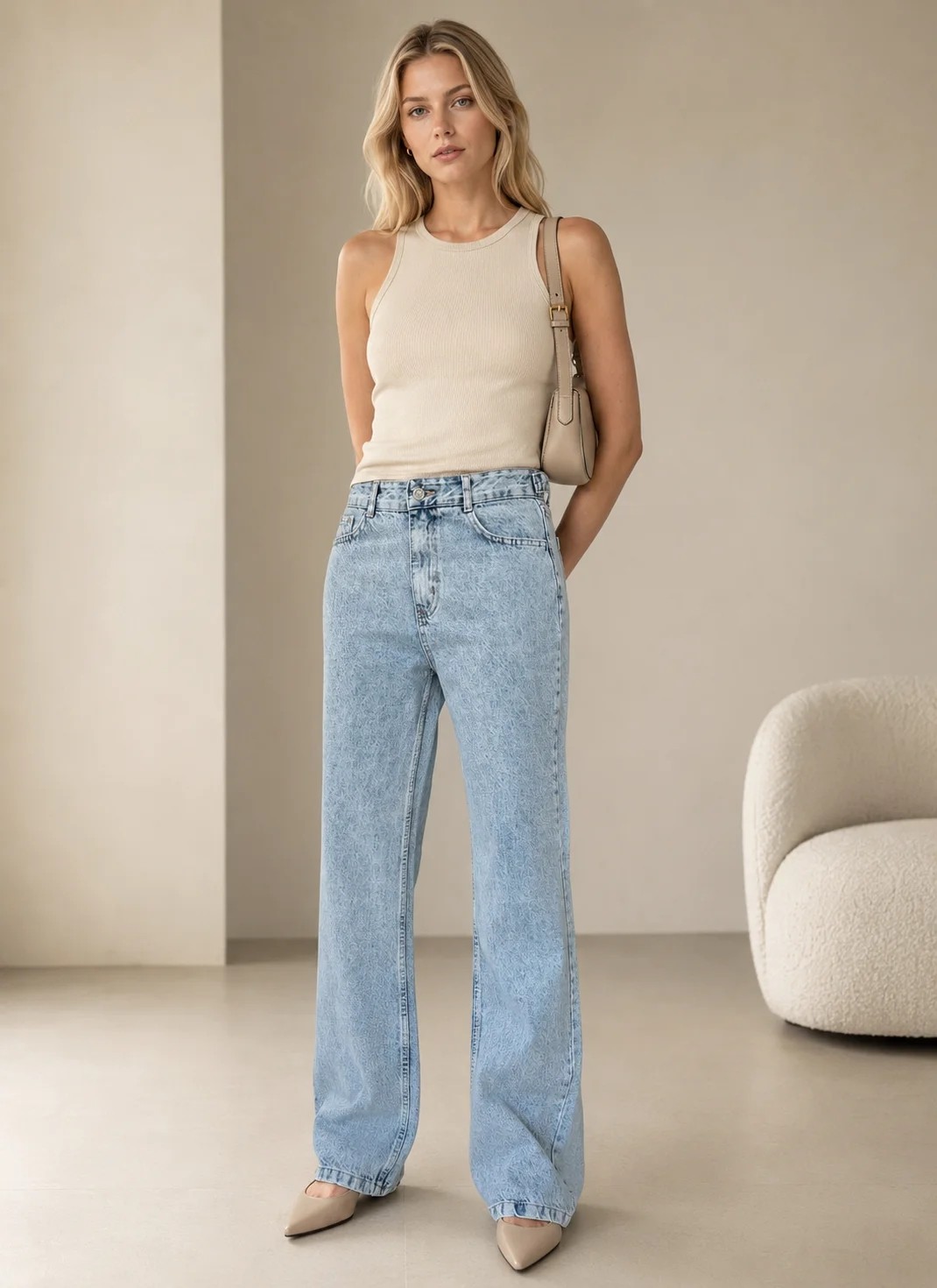 Shevega Kadın Mavi Bol Paça Arka Cep Nakışlı Palazzo Denim Salaş Jeans Kot Pantolon görsel 7