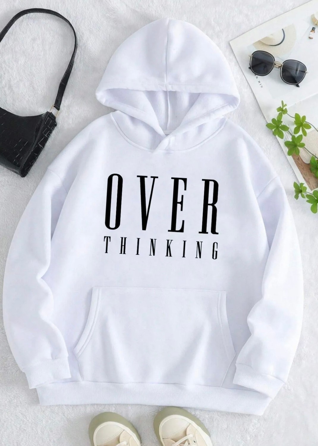 Amor Man Büyük Beden Özel Tasarım Kapüşonlu Over Thınkıng Baskılı Şardonlu Oversize Battal Kadın Sweatshırt görsel 2
