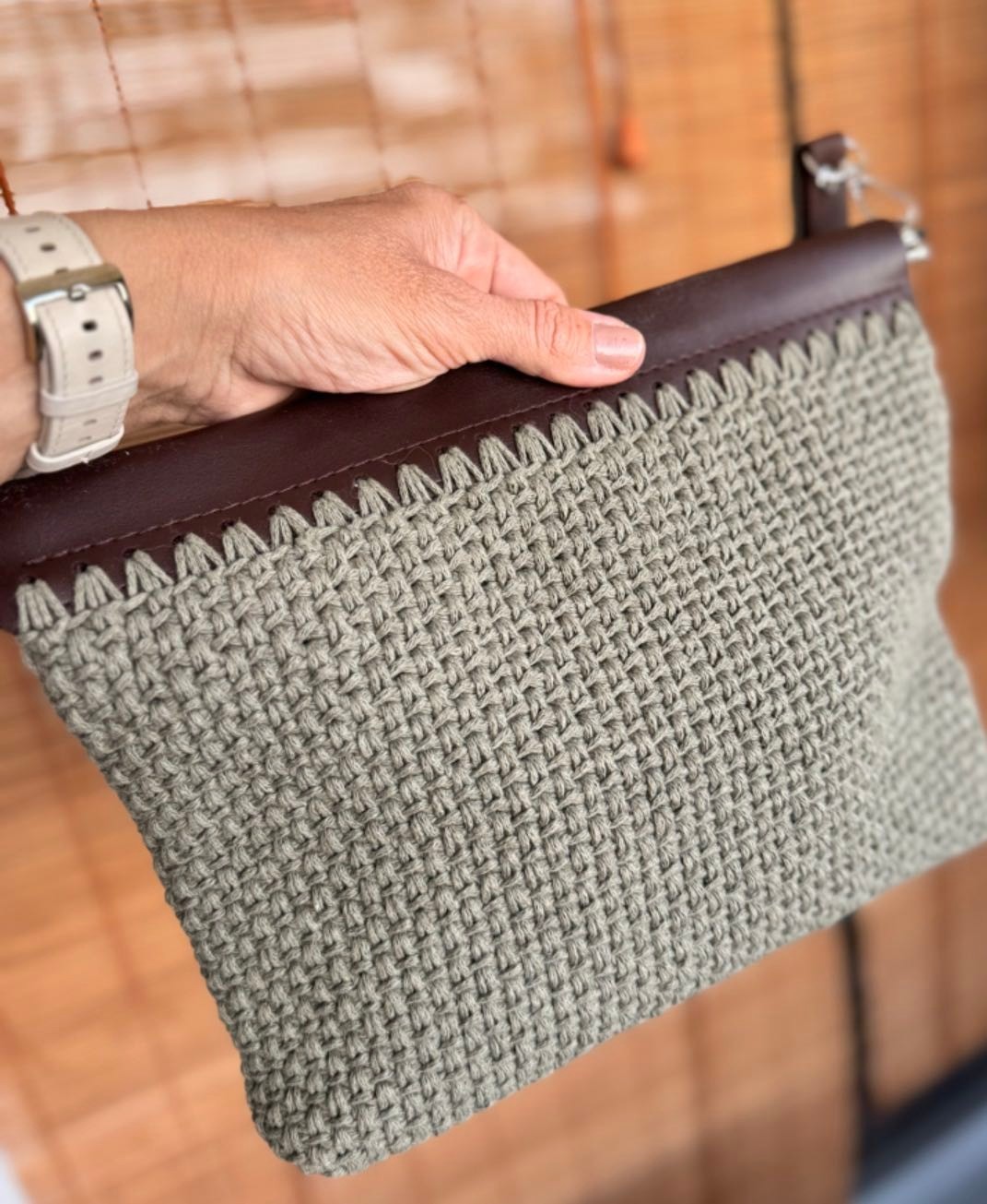 Renkli İşler Fabrikası El Örgüsü Makrome Clutch Çanta, Deri Detaylı görsel 3