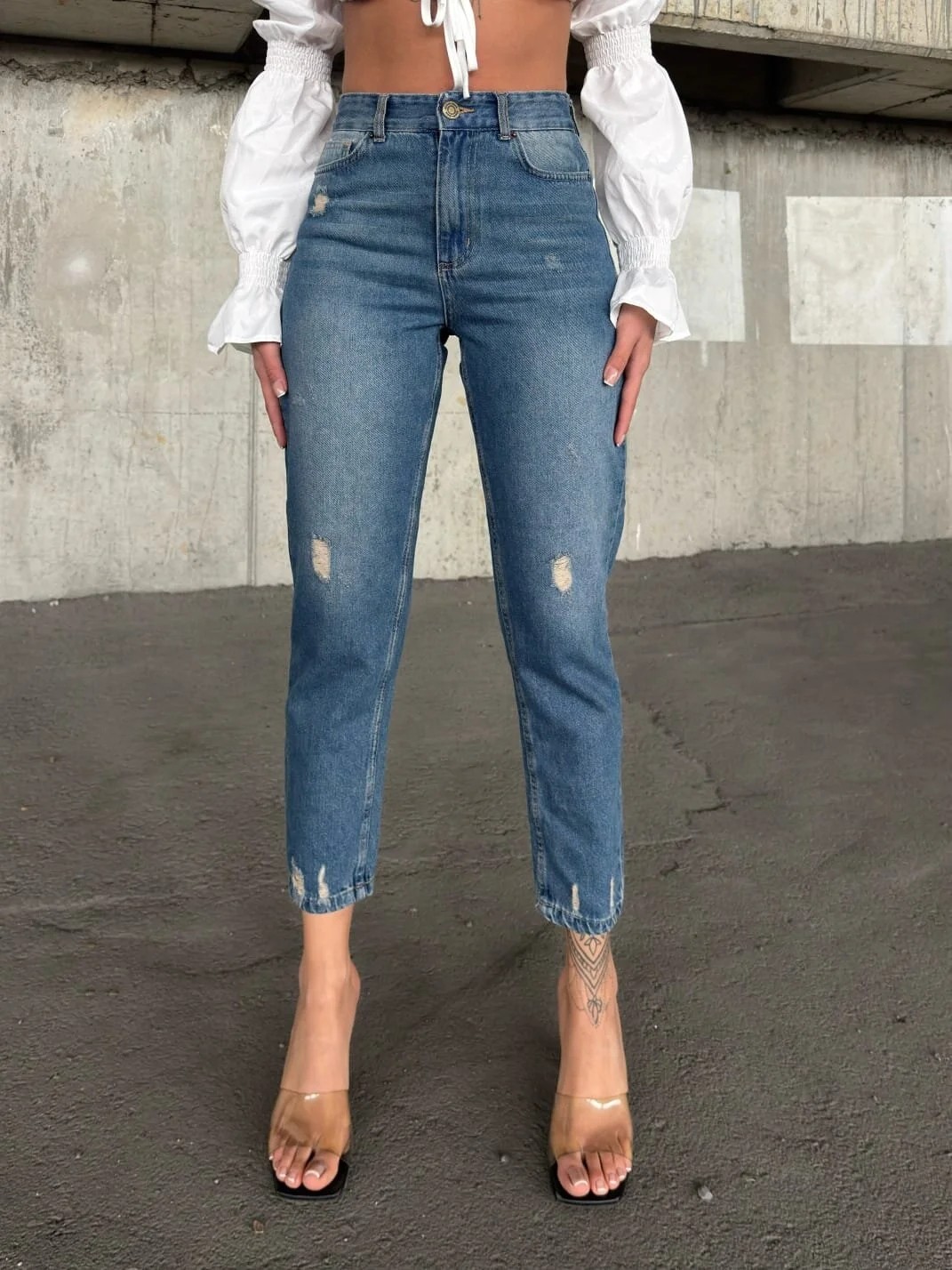 Shevega Kadın Yüksek Bel Yırtık Boyfriend Mom Jean Kot Pantolon