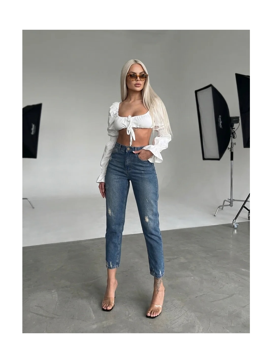 Shevega Kadın Yüksek Bel Yırtık Boyfriend Mom Jean Kot Pantolon görsel 5