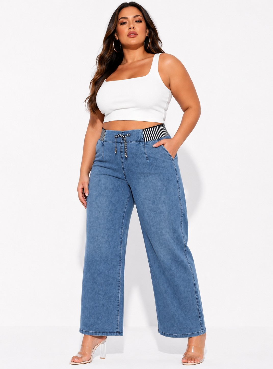 Zanessi Büyük Beden Denim Beli Lastikli Bol Paça Kadın Pantolon