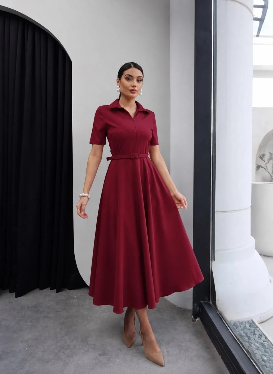 Moda Durağı Princess Gömlek Yaka Kemer Detaylı Elbise Bordo görsel 2