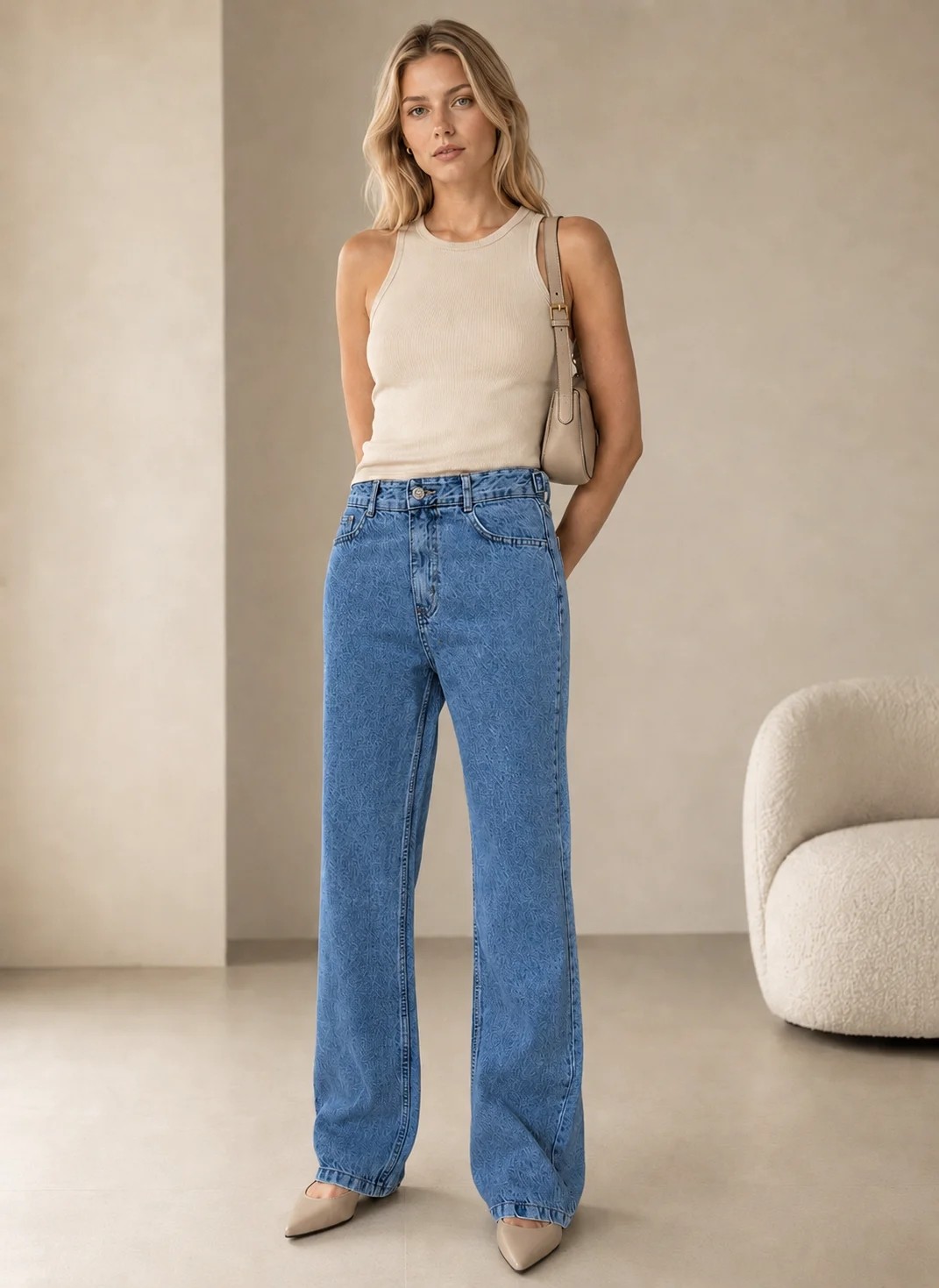 Shevega Kadın Mavi Bol Paça Arka Cep Nakışlı Palazzo Denim Salaş Jeans Kot Pantolon