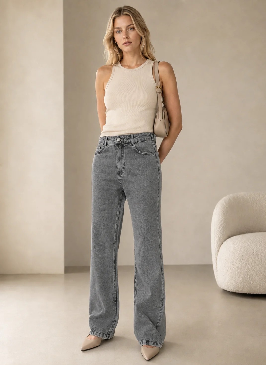 Shevega Kadın Mavi Bol Paça Arka Cep Nakışlı Palazzo Denim Salaş Jeans Kot Pantolon