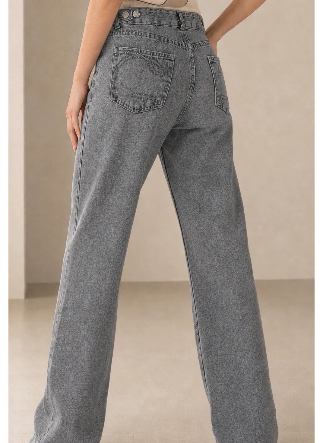 Shevega Kadın Mavi Bol Paça Arka Cep Nakışlı Palazzo Denim Salaş Jeans Kot Pantolon görsel 6