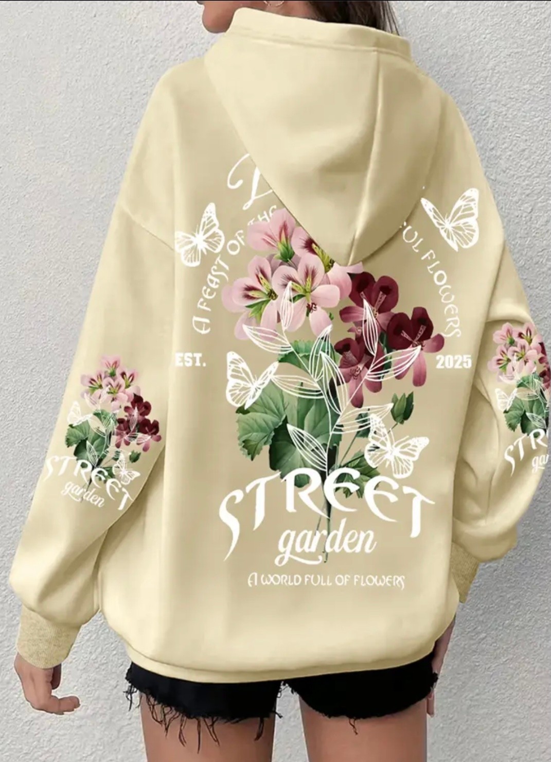 Amor Face Büyük Beden Özel Tasarım Kapüşonlu Street Garden Sırt Baskılı Oversize Kadın Sweatshırt görsel 5