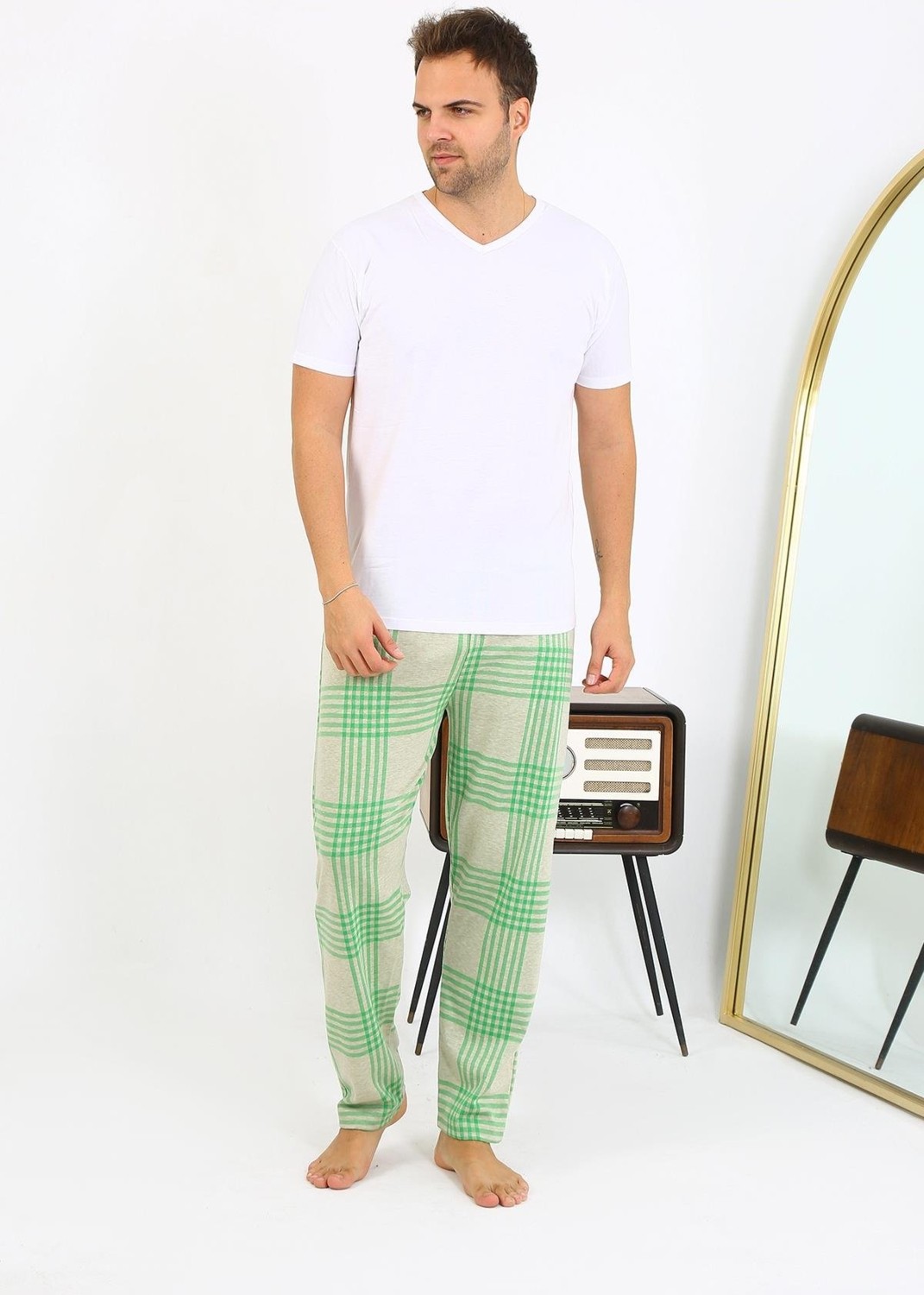 Akbeniz Erkek Ekoseli Desen Penye Tek Alt Pijama 27540 Yeşil