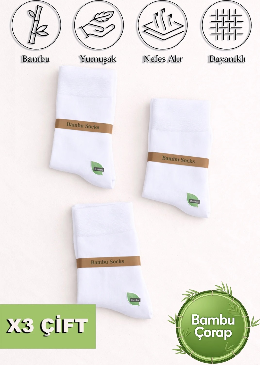 Erkek Bambu Uzun Düz Soket Çorap Premium 3`lü Paket - Beyaz