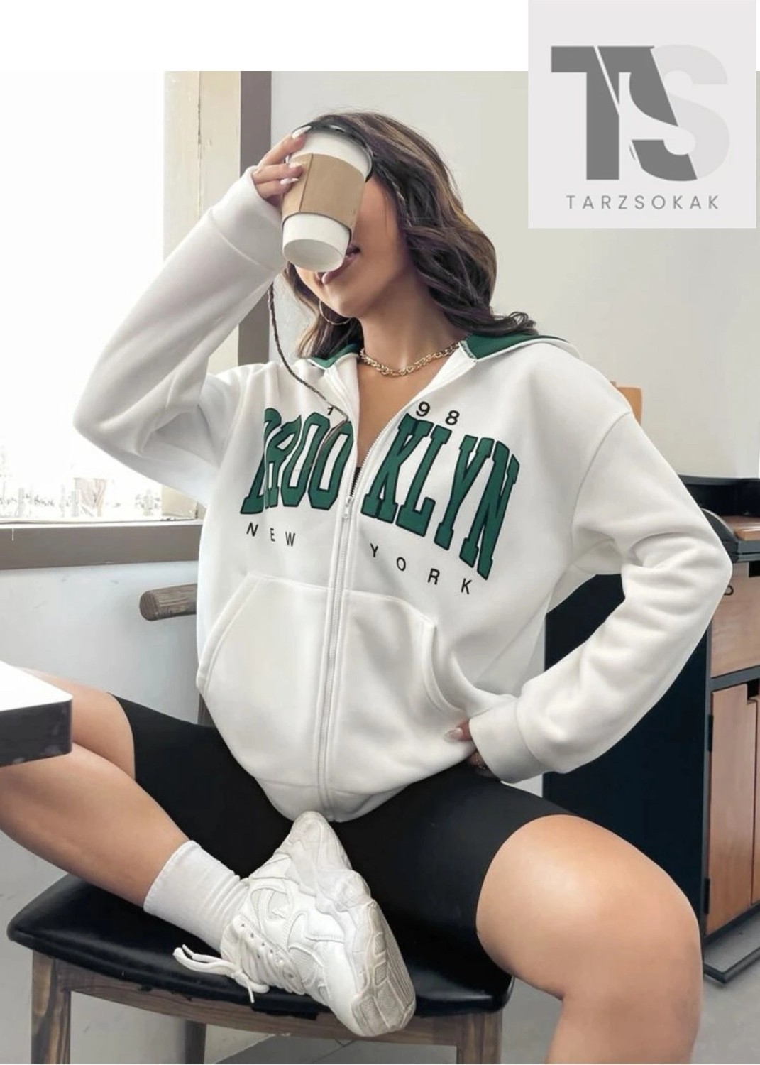 Tarzsokak Beyaz Yeşil Kapüşonlu Fermuarli Brooklyn Oversize görsel 2