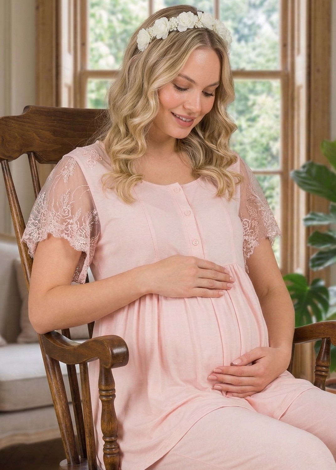 raia Yeni Sezon Ekru Yazlık Zarif Dantel Kollu Tasarım Düğme Detaylı Hamile Lohusa Pijama Takımı görsel 5