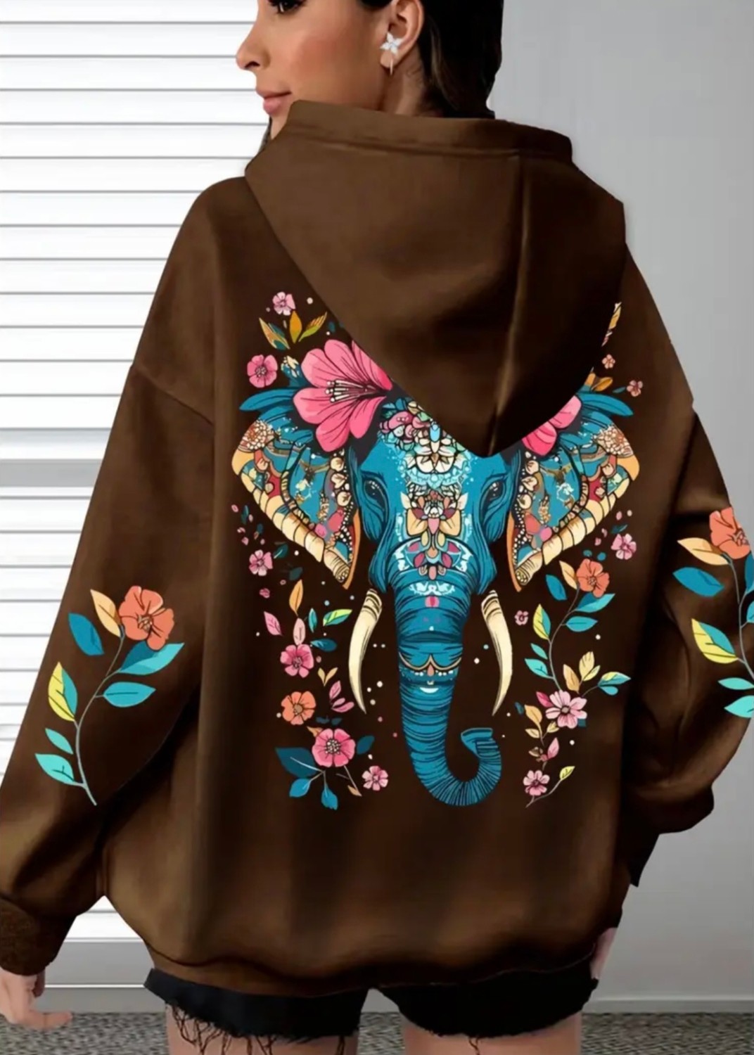 Amor Face Büyük Beden Özel Tasarım Mavi Fil Sırt Baskılı Kapüşonlu %100 Pamuk Oversize Kadın Trend Sweatshırt