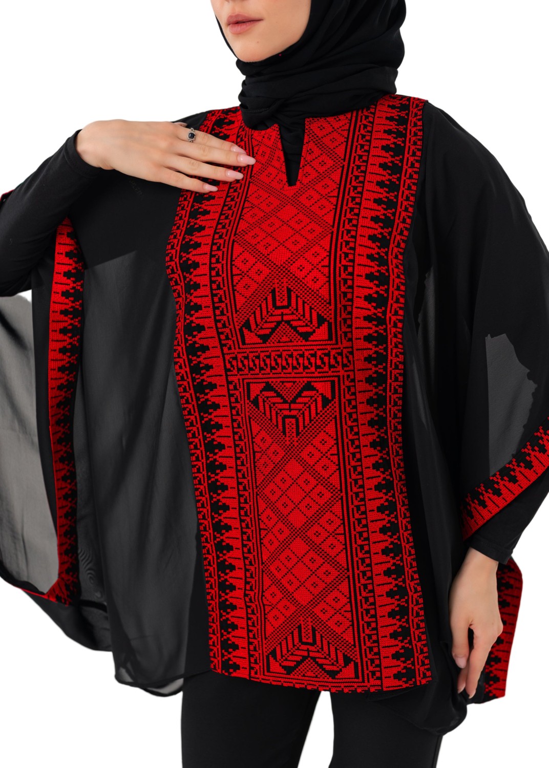Zaytoon Tesettür Panço Filistin Nakışlı Bol Kollu Oversize Kadın Kap Ponço Freesize görsel 6
