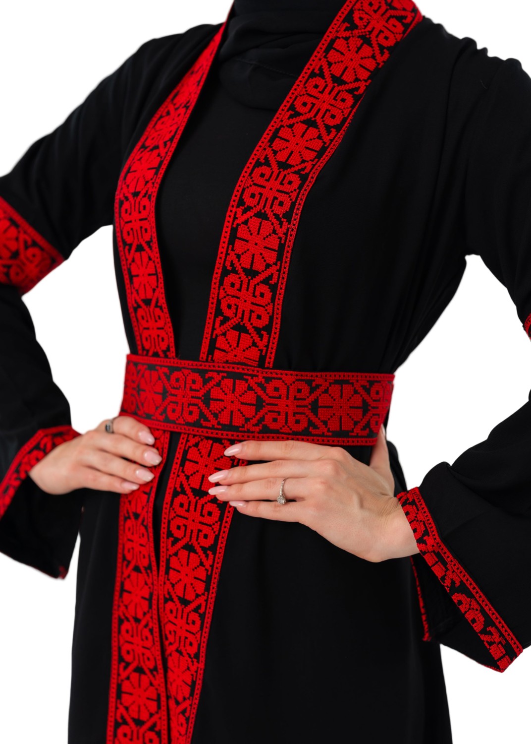 Zaytoon Tesettür Kaban Filistin Nakışlı Kırmızı Siyah Kısa Kaban Abaya Kadın görsel 3