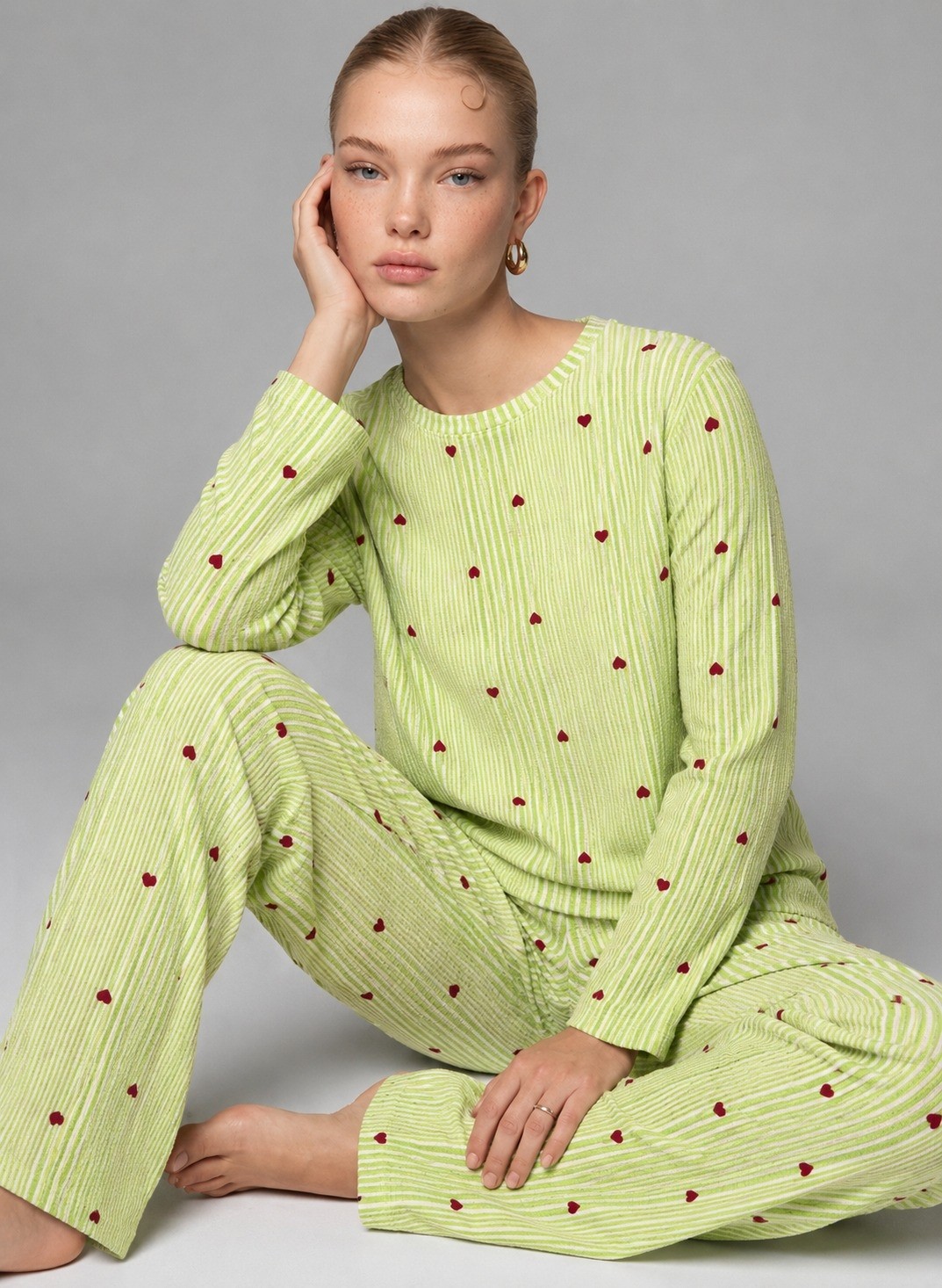 Fit Women Kadın Desenli Uzun Kollu Ekru Pijama Takımı 4722
