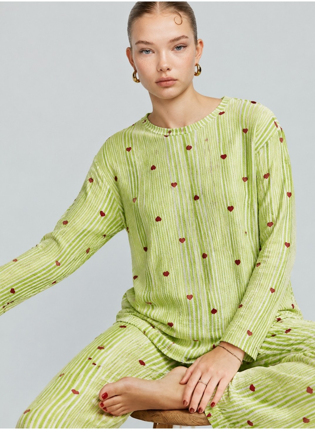 Fit Women Kadın Desenli Uzun Kollu Ekru Pijama Takımı 4722 görsel 8