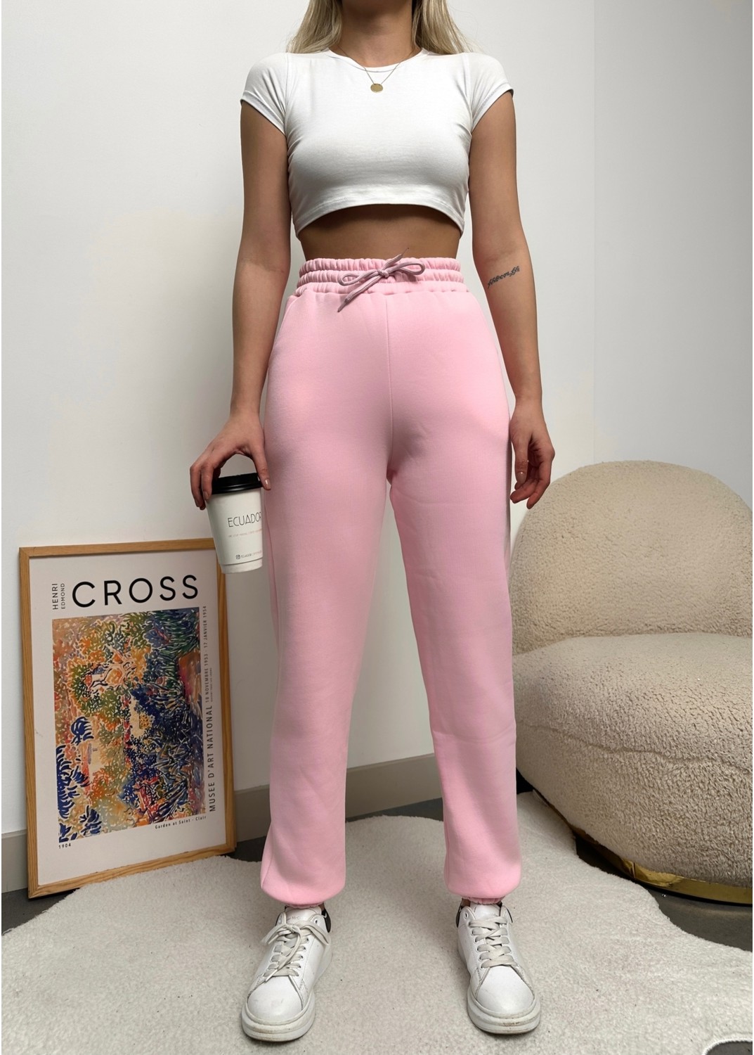 Schlank Kadın Beyaz Kışlık Kalın Içi Polarlı Yüksek Bel Paçası Lastikli Basic Jogger Eşofman Altı görsel 3