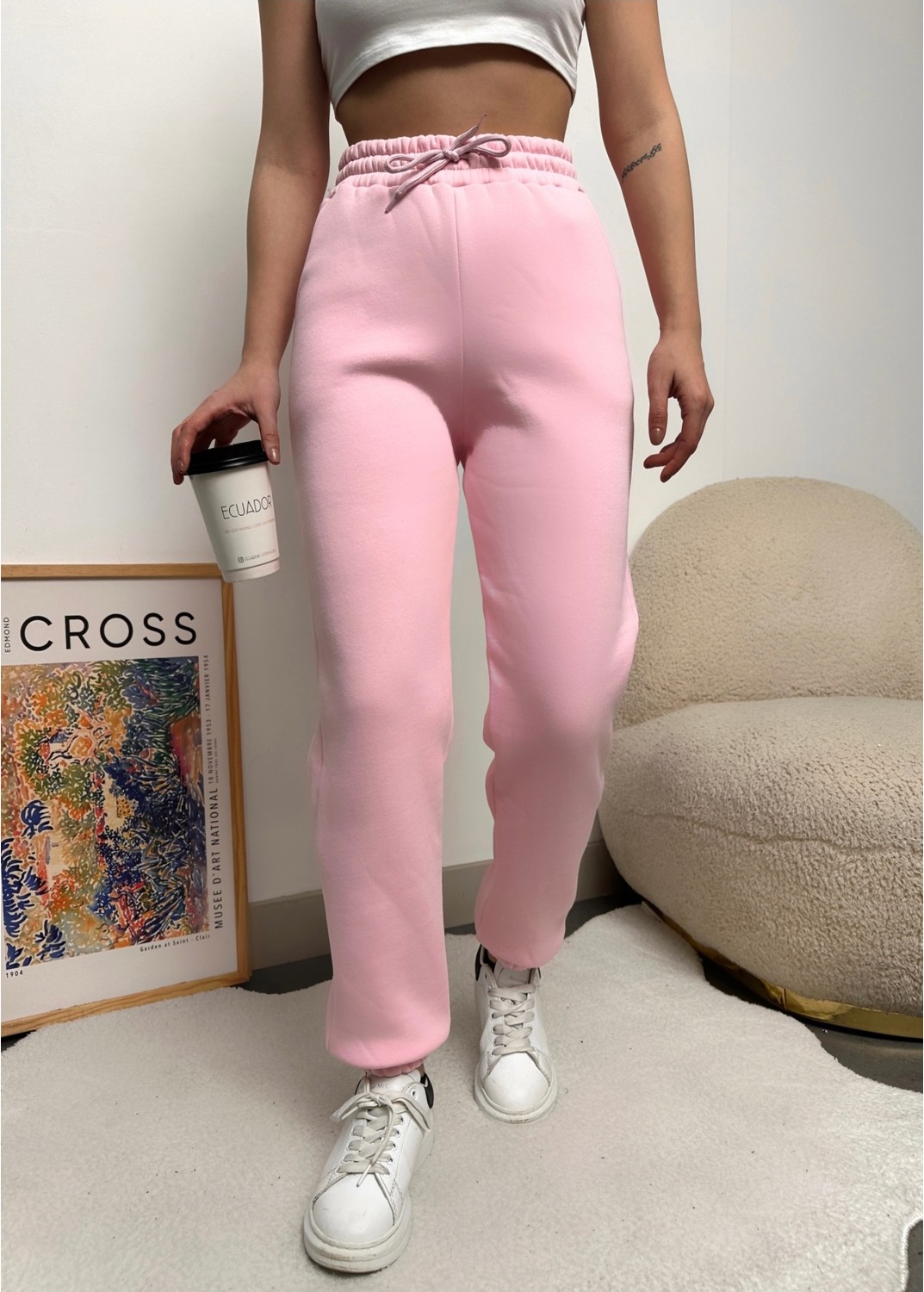 Schlank Kadın Beyaz Kışlık Kalın Içi Polarlı Yüksek Bel Paçası Lastikli Basic Jogger Eşofman Altı görsel 4