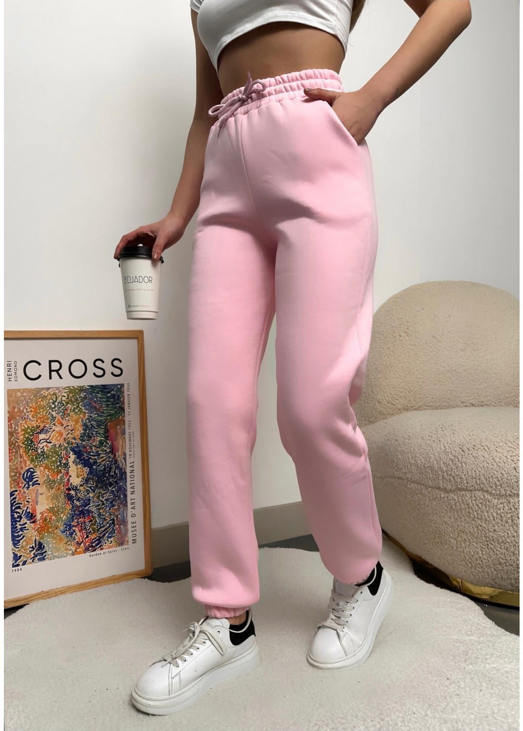 Schlank Kadın Beyaz Kışlık Kalın Içi Polarlı Yüksek Bel Paçası Lastikli Basic Jogger Eşofman Altı görsel 5