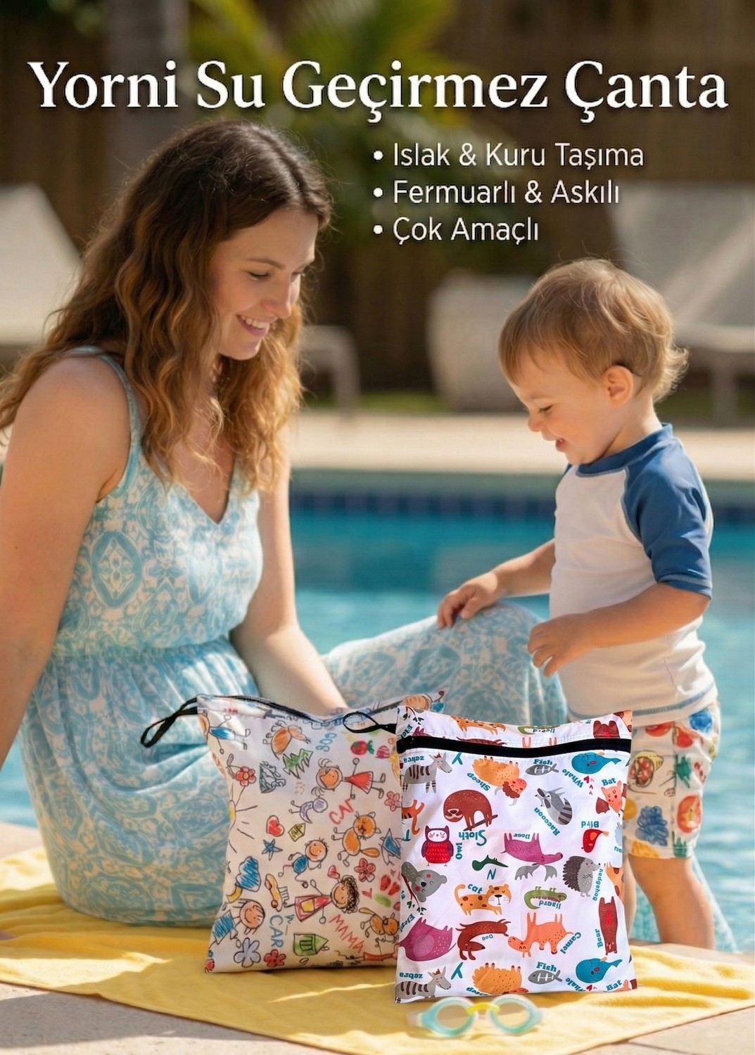 Yorni 2 ADET Family ve Zoo 30X35CM Islak Kuru Çanta Sıvı Geçirmez Fermuarlı Askılı Çok Amaçlı Organizer Mayo ve Kirli Çamaşır Çantası, Makinede Yıkanabilir