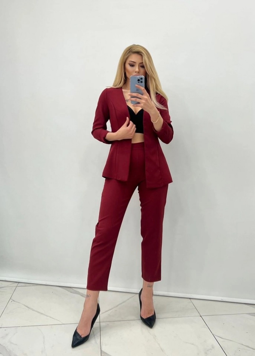 Pileli Store Kadın Atlas Kumaş Ceket Pantolon Takım görsel 2