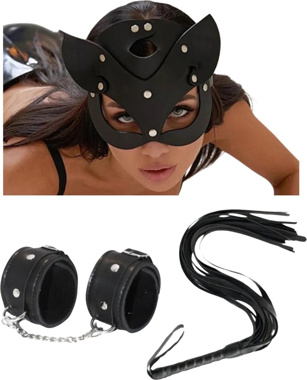 Mirimoro Fantezi Deri Seksi Siyah Kedi Maske Kelepçe Kırbaç Seti ( 3'lü Set) TG275369 - Standart