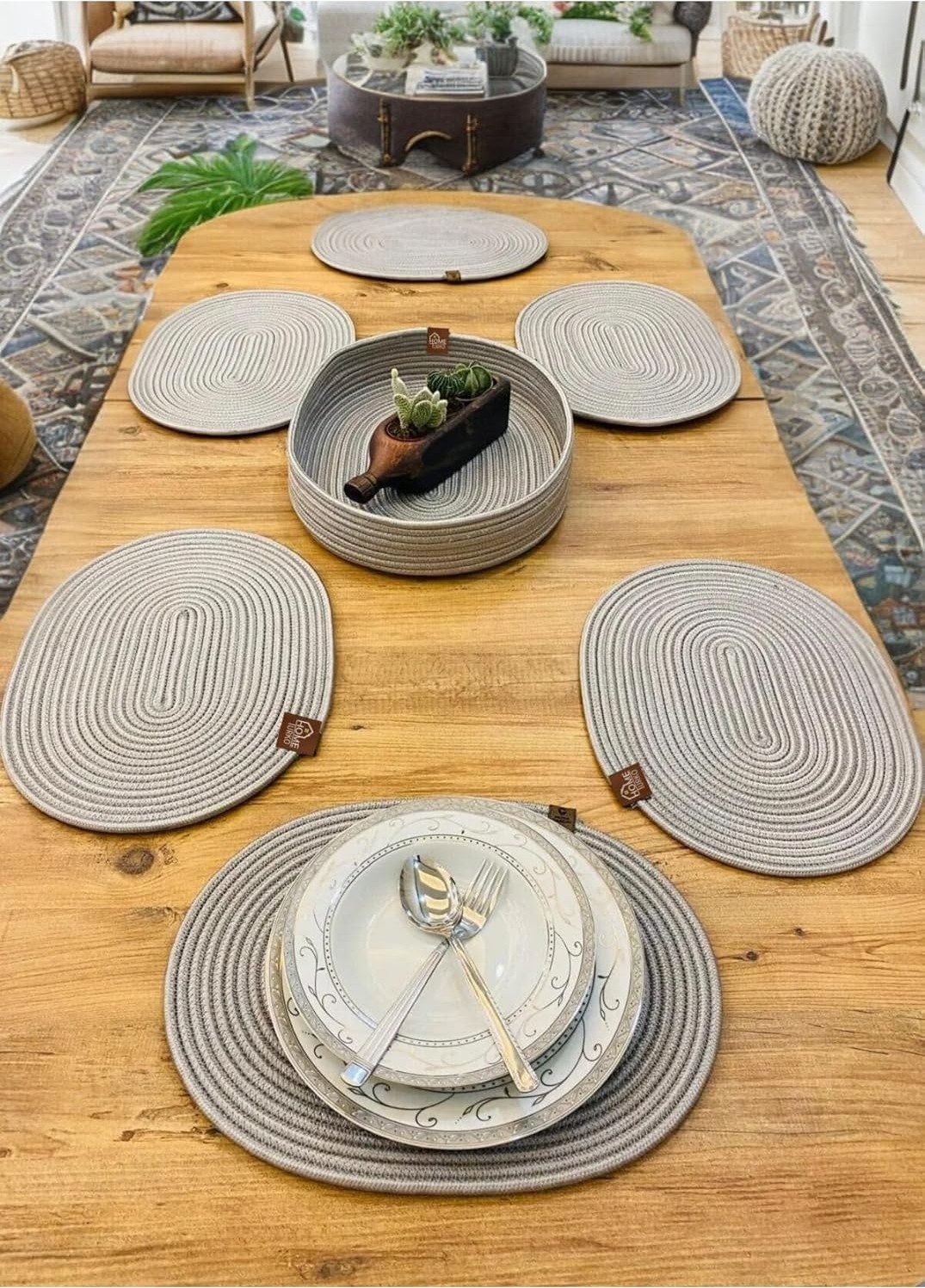 Üstüner Supla Takımı, 7-Li Doğal Jüt, Desenli, Hasır, Amerikan Servis Takımı, Tabak Altlığı, Ekmek Sepetli Gri