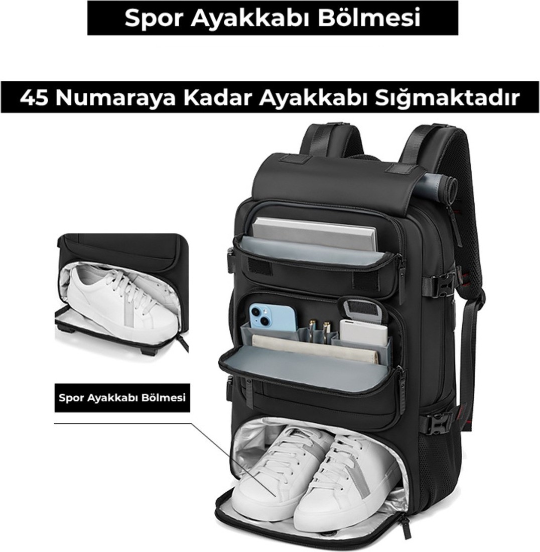 Relaxus Ayakkabı Bölmeli Su Geçirmez Spor & Seyahat Sırt Çantası, 30L, 16” Laptop Bölmeli görsel 3