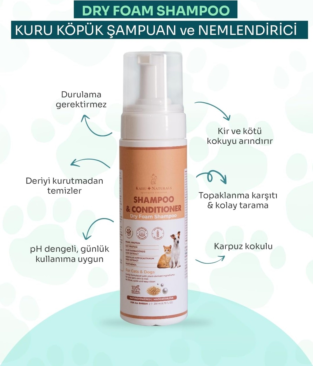 Die Grup Kuru Köpük Şampuan ve Nemlendirici, Durulamasız, Kolay Tarama, Kedi ve Köpek, Organik Içerikli, 200 ml görsel 3