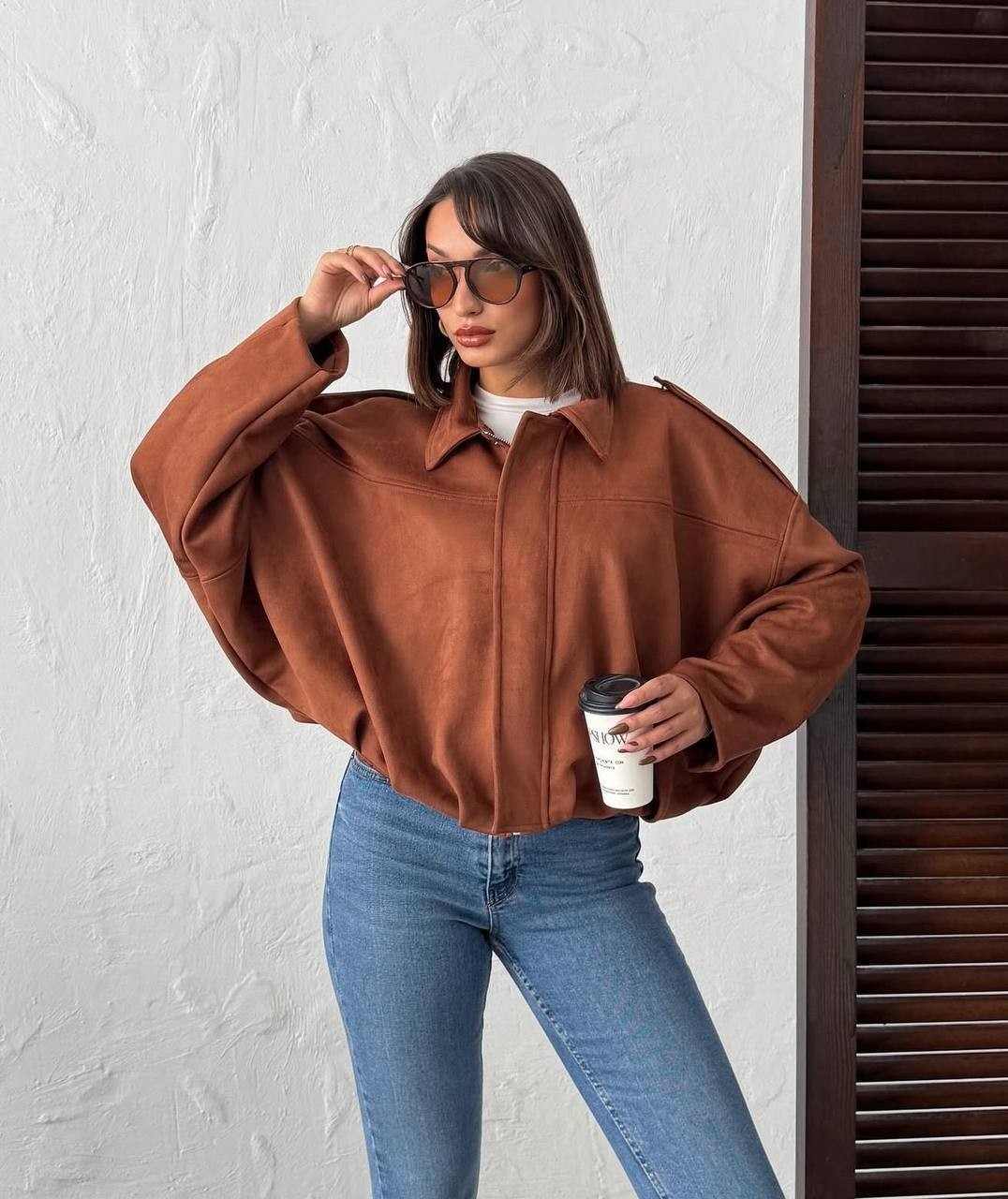 Trendparis Kadın Oversize Süet Bomber Ceket - Düşük Omuzlu Bej görsel 2