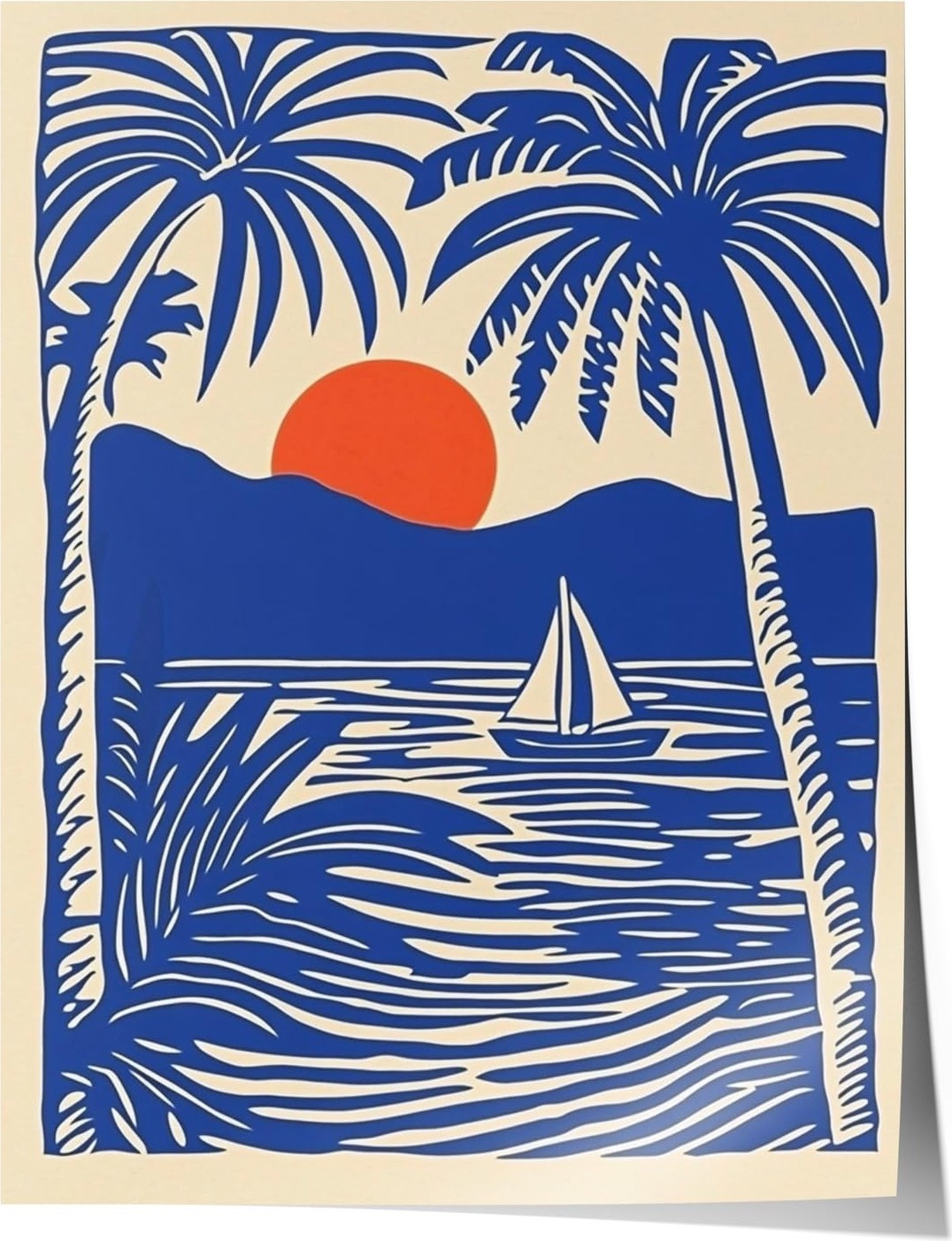 1001 Poster Mavi Turuncu Palmiye ve Yelkenli Salon Dekoru, 50 x 70