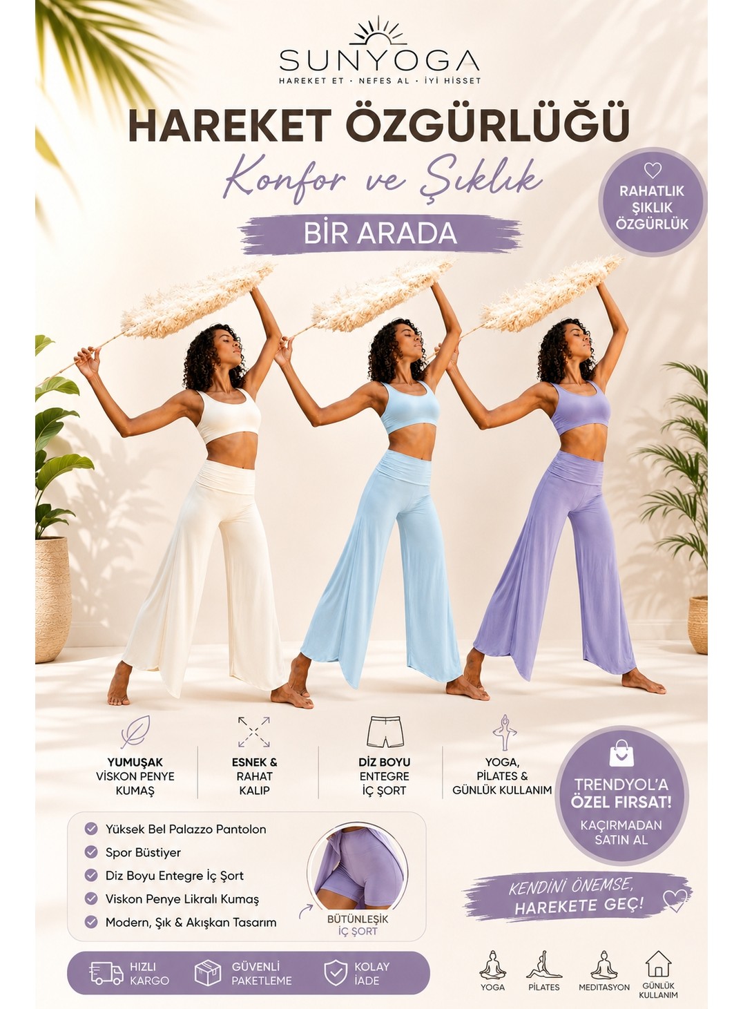 SUNYOGA Kadın Yoga Takımı Viskon Penye Likralı Yüksek Bel Palazzo Pantolon Içten Şortlu Spor Büstiyer Pilates Meditasyon Takımı görsel 3