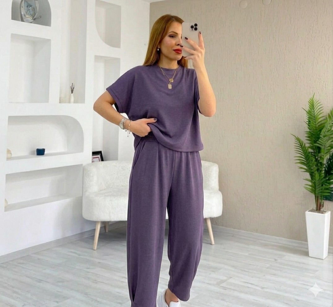 Trending Size Modal Dokulu Kısa Kol Şalvar Takım