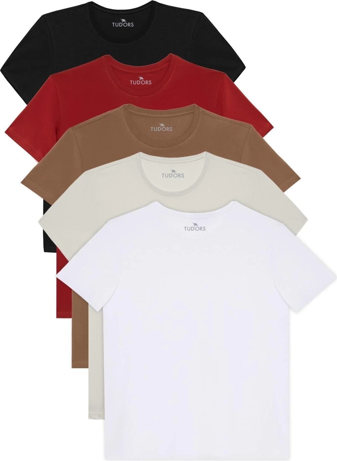 Tudors Unisex 5'li Paket Siyah-Beyaz-Taş-Kırmızı-Mavi Slim Fit Dar Kesim %100 Pamuk Bisiklet Yaka Tişört