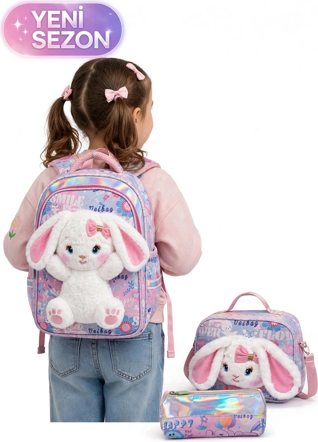 Markahit Premium Kız Çocuk Peluş Tavşanlı Anaokulu ve Ilkokul Sırt Çantası Termal Beslenme Çantası ve Kalemli