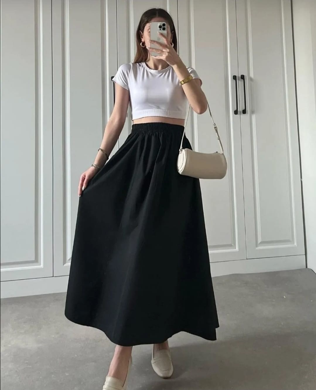 Moda Ulu Çift Cepli Beli Lastikli İç Göstermez Uzun Etek Poplin Kumaş (90) cm