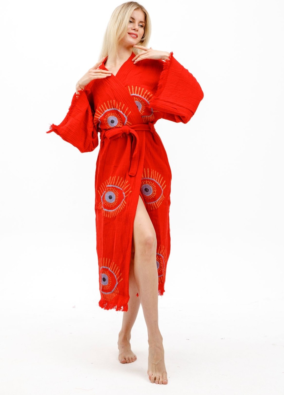 Befera Design Müslin Kimono %100 Pamuklu Göz Baskılı Desenli Bornoz Kaftan Sabahlık görsel 4