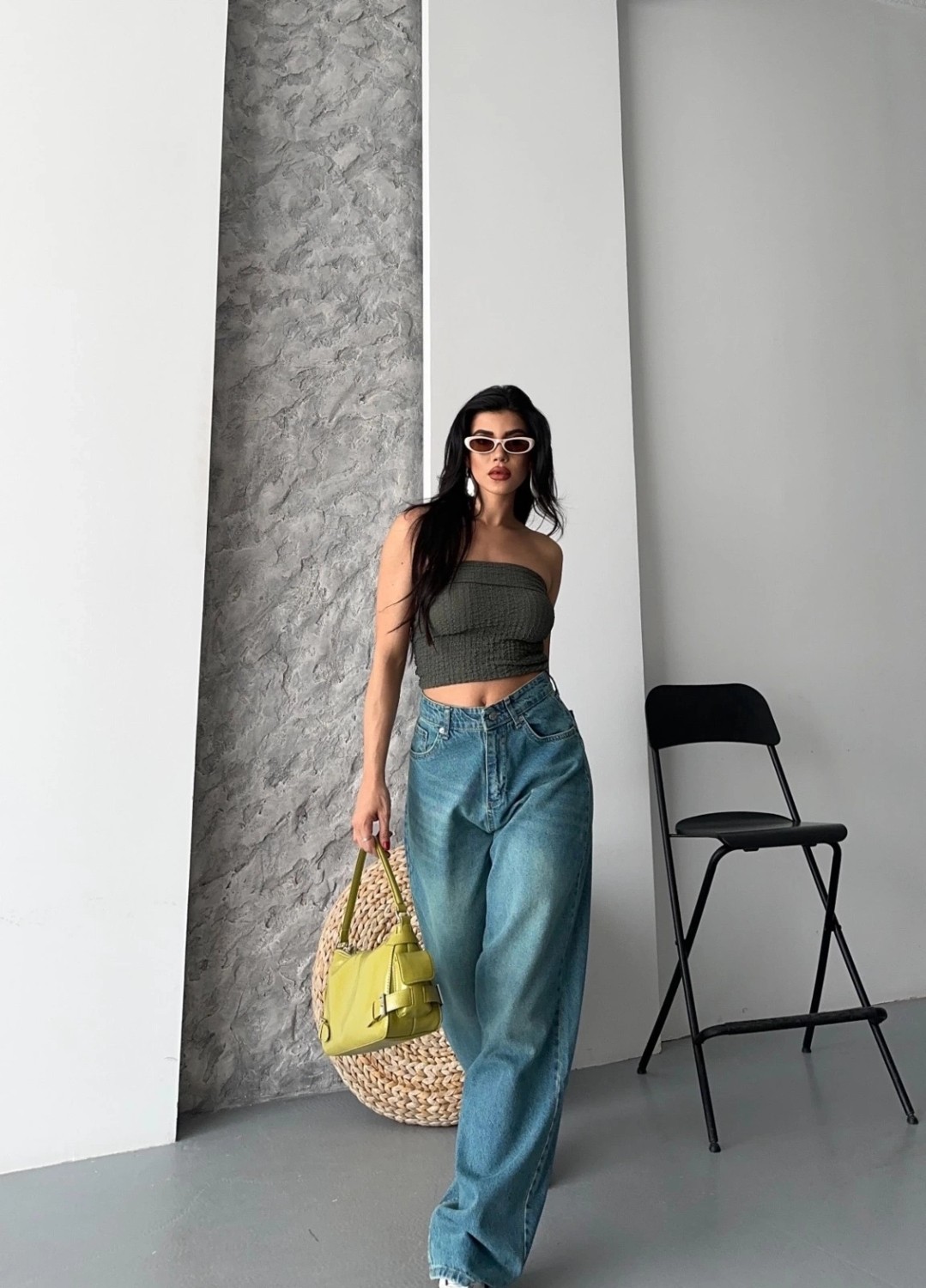 OEY Fashions Baggy Taş Enzim Bıyık Yıkama Jeans Pantolon Yeşil Tint D2007 görsel 2