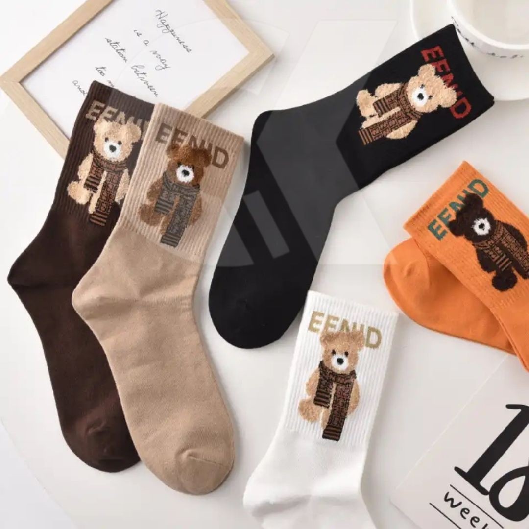 Çorap Kurdu 5'li Teddy Bear Ayıcık Desenli Renkli Tenis Çorap Set görsel 2