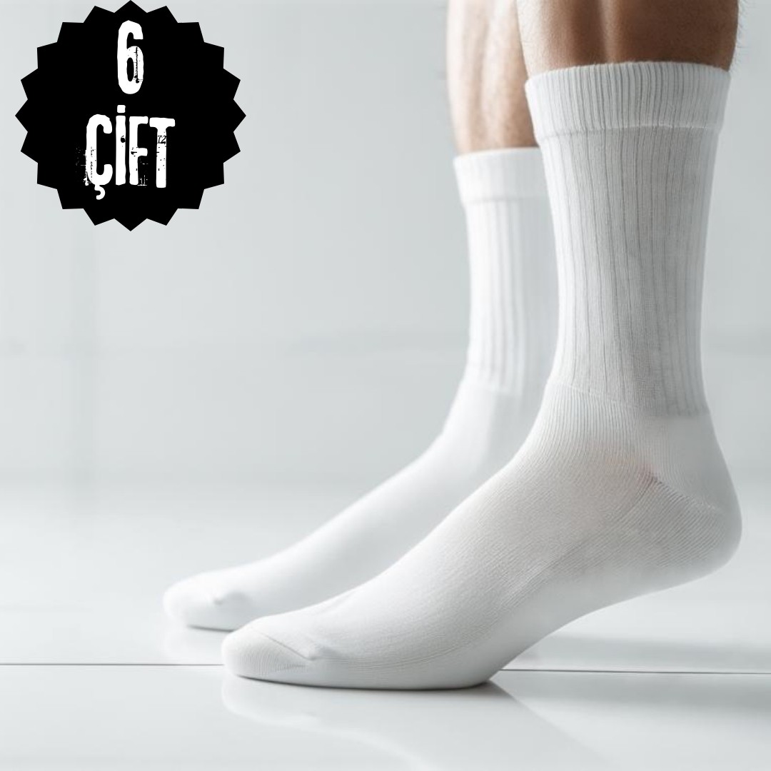 Çorap Kurdu 6'lı Paket Nefes Alabilir Spor Kolej Çorap Beyaz Desensiz Orta Kalınlık görsel 2