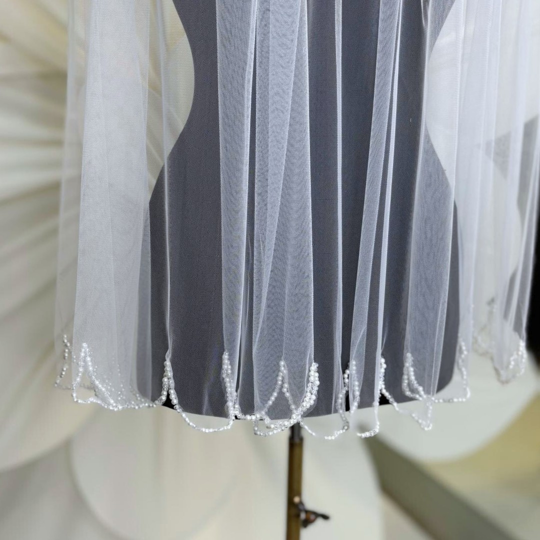 Gold Moda Duvak,Kısa,Kristal Taşlı El işlemeli 75 cm x 2,50 Mt görsel 2