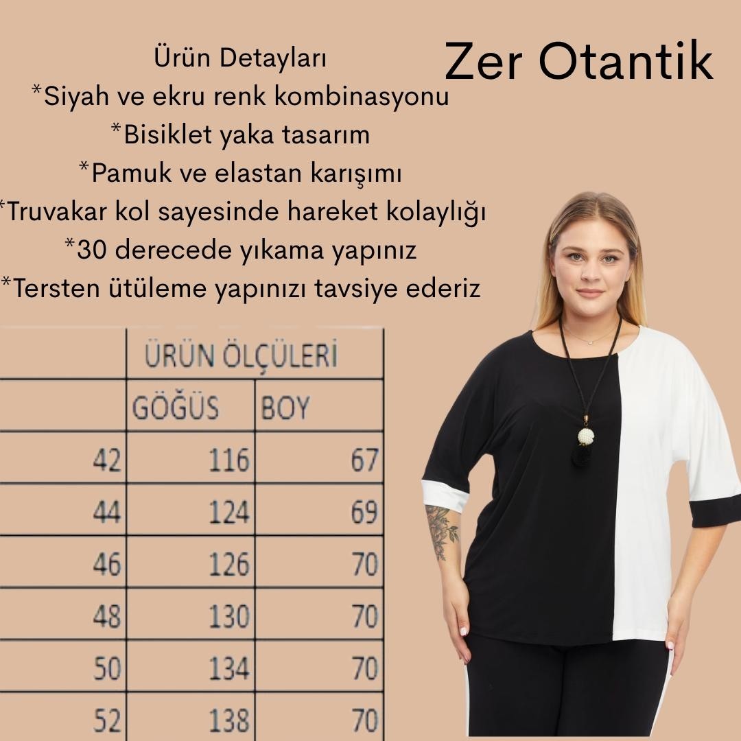 Zer Otantik İki Renk Büyük Beden Bluz Siyah-Ekru görsel 5