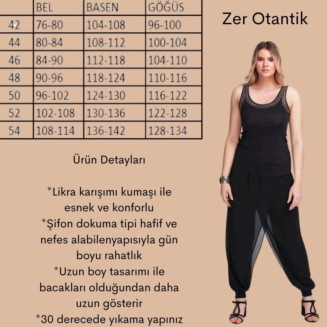 Zer Otantik Anvelop Şifon Katlı Büyük Beden Şalvar Pantolon Siyah görsel 4