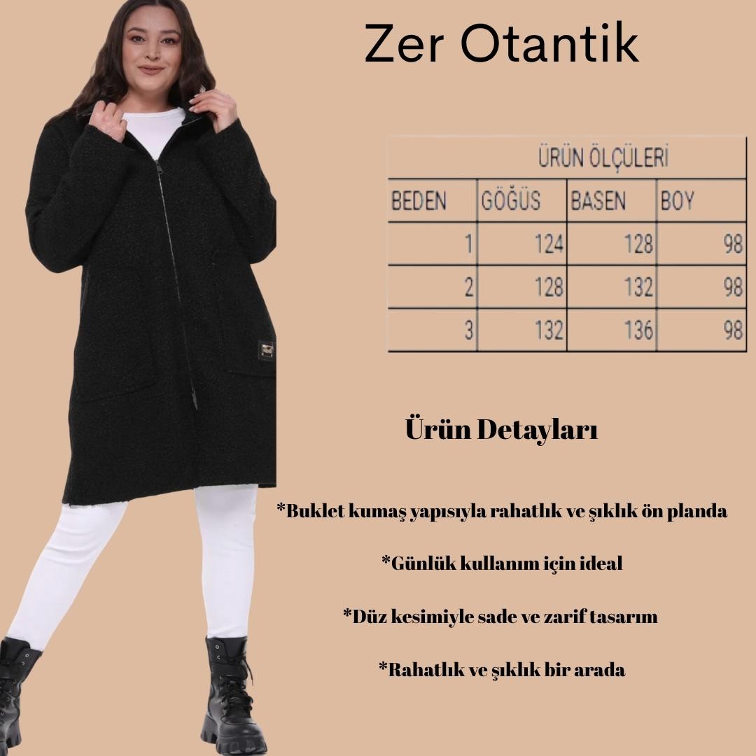 Zer Otantik Dik Yaka Buklet Büyük Beden Uzun Mont Siyah görsel 6