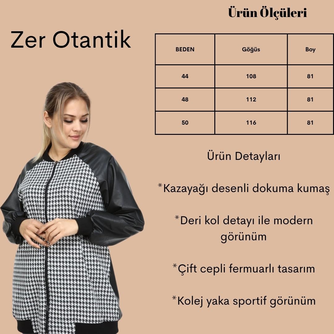 Zer Otantik Kazayağı Garnili Büyük Beden Deri Mont Siyah görsel 2