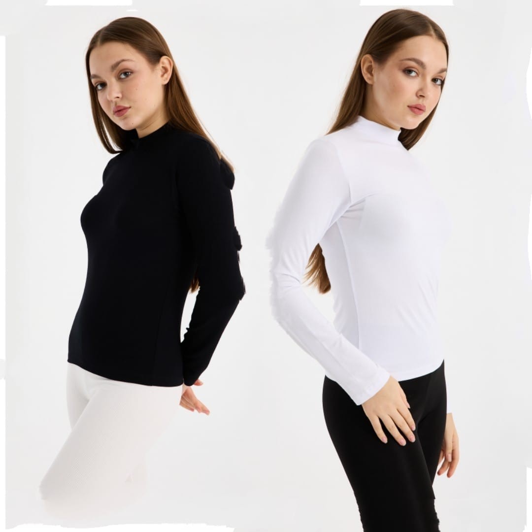 Klc Fashion Kadın Siyah Beyaz 2li Uzun Kol Body görsel 2