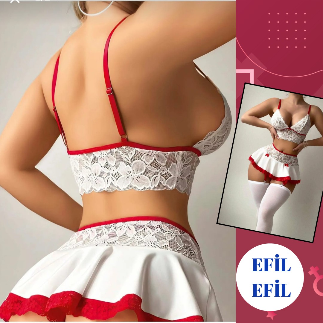Efil Efil Kadın Beyaz Kırmızı Fantazi Gecelik Fantezi Jartiyer Takımı 5 Parça Çoraplı Tangalı Seksi Çeyizlik Kadın Iç Çamaşırı Takımı görsel 5