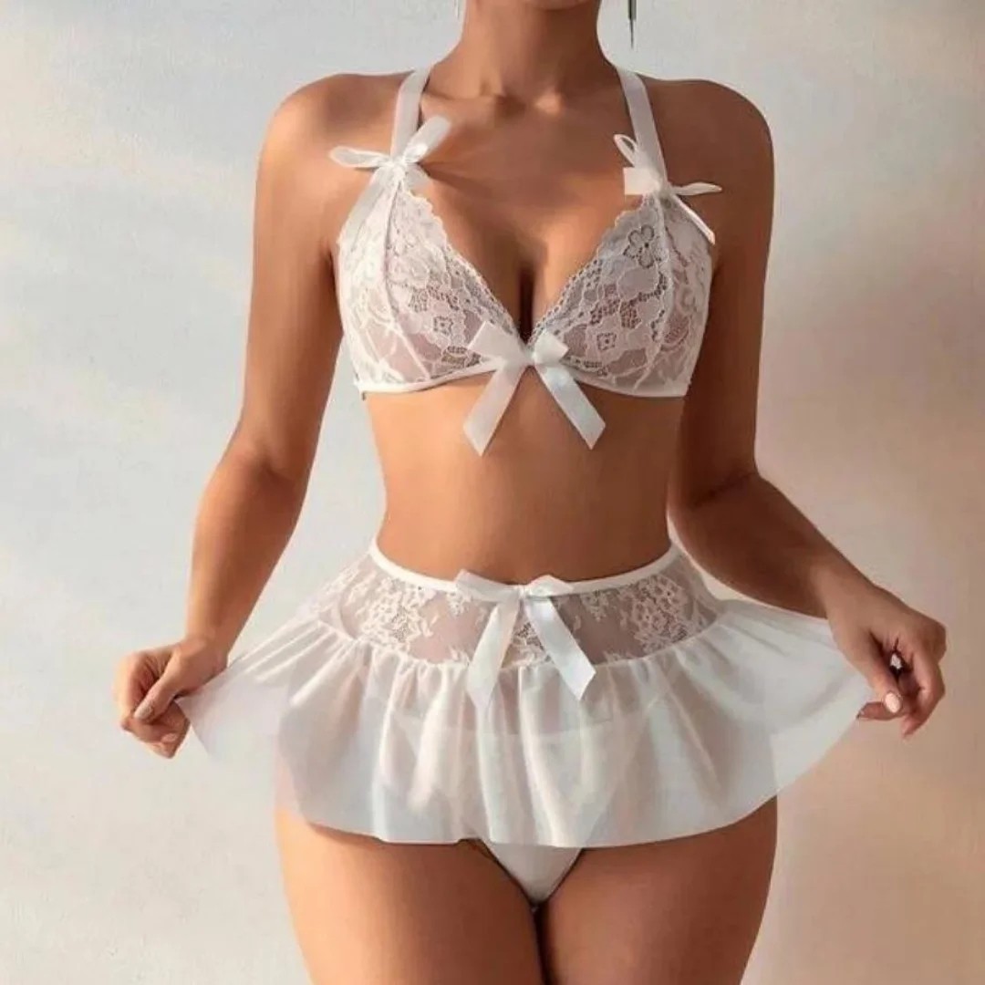 Melonika Secret Fantazi Beyaz Dantelli Fiyonklu Seksi Babydol BC9239 görsel 3